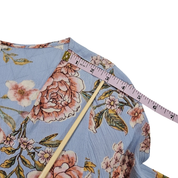 Billabong Floral Bell Sleeve Tie Front Shirts Romper, Blue/Floral, Small - Picture 12 of 15